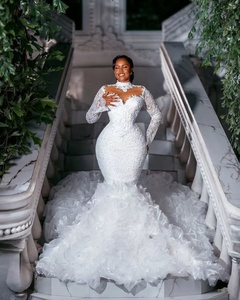 Robes de mariée sirène Aso Ebi arabes blanches avec traîne détachable, manches longues scintillantes, ornées de cristaux, grandes tailles - Product Image 3