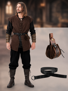 Set di 6 Pezzi Costume da <span class=keywords><strong>Uomo</strong></span> per Halloween Stile Rinascimentale, Gilet Medievale, Camicia, Pantaloni con Elastico alla Caviglia, Cintura Vichinga, Bracciale, Borsa per LARP Vichingo - Product Image 2