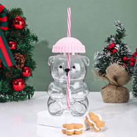 Gobelet en verre borosilicate en forme d'ours mignon avec couvercle coloré et paille pour jus, lait, thé glacé et cadeaux pour enfants