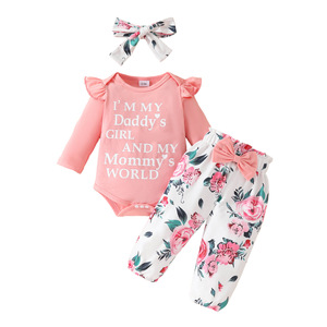 Conjunto <span class=keywords><strong>de</strong></span> tres piezas <span class=keywords><strong>de</strong></span> algodón suave para bebé niña 2024: camiseta <span class=keywords><strong>de</strong></span> manga larga con estampado <span class=keywords><strong>de</strong></span> letras, pantalones con lazo <span class=keywords><strong>de</strong></span> conejo y flor, y diadema. - Product Image 5