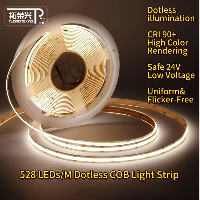 24V COB LED Strip Light 528 LEDs High Density Dotless Flexible LED Tape 8mm CRI90 for Cabinet Ceiling Indoor Lighting