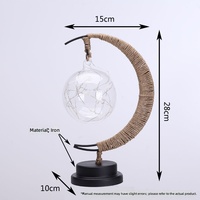 Lampe de table LED en verre en forme d'étoile et de lune avec corde de chanvre et fil de cuivre faits à la main - Décoration d'éclairage d'ambiance