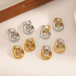 Pendientes geométricos de doble aro de acero inoxidable para mujer, color dorado y plateado, para uso diario - Product Image 2