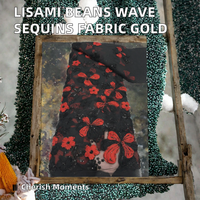 Tissu en maille de luxe Lisami Beans à motif vague brodé de sequins or, bleu et noir pour robes de soirée, de mariée et occasions spéciales