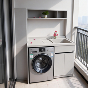 Meuble de machine à laver moderne pour balcon avec tambour en aluminium alvéolé, lavabo intégré et design d'angle personnalisé - Product Image 1