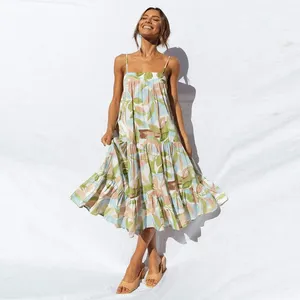 Custom Pattern Floral Print Adjustable Straps Pleated Midi Dress