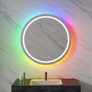 Vô cấp Dimmable chiếu sáng 3000K 4000K 6000K có thể điều chỉnh chống sương mù <span class=keywords><strong>LED</strong></span> với đèn RGB <span class=keywords><strong>Backlit</strong></span> Vòng không Khung Gương phòng tắm - Product Image 1