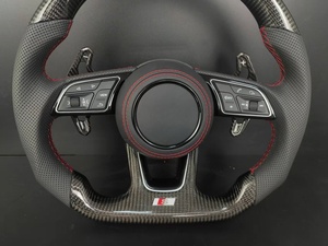 Volant en fibre de carbone pour <span class=keywords><strong>Audi</strong></span> A3 A4 A5 A6 A7 <span class=keywords><strong>Q3</strong></span> Q5 Q7 S <span class=keywords><strong>RS</strong></span> Series, cuir perforé avec coutures rouges et palettes de changement de vitesse - Product Image 4