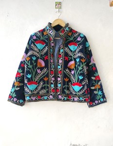 Hand Embroidered Floral Cotton Suzani <b>Jacket</b> Women Mandarin Collar Full <b>Sleeve</b> <b>Short</b> Length Prairie Chic Style Spring Outerwear - Product Image 1
