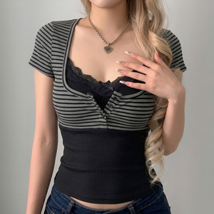 ชุดสองชิ้นเสื้อลูกไม้คอวีลายทางแขนสั้นสีล้วนหวานเซ็กซี่ - Product Image 2