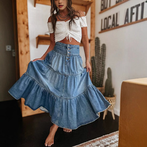 Falda Midi Vaquera Bohemio de Corte A <span class=keywords><strong>con</strong></span> Capas y Detalle de Botones, Estilo Urbano, Secado Rápido, Verano, Nylon/Algodón, Lavado al Agua - Product Image 3