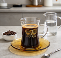 Tasse en verre borosilicate de haute qualité 175 ml, mug 3D jaune ambre avec poignée et soucoupe assortie, résistant à la chaleur pour café, thé, latte