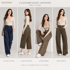 <span class=keywords><strong>Pantaloni</strong></span> Larghi da Donna <span class=keywords><strong>Marroni</strong></span> con Effetto Costina, Vita Alta, Cerniera Frontale, Casual per Uso Quotidiano, Personalizzabili OEM, Produttore all'Ingrosso - Product Image 4
