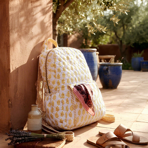 Artisan's Backpack <b>Hand</b>-Quilted Cotton Bohemian Style Zipper Closure Lightweight Spacious Design Travel <b>Bag</b> <b>White</b> Solid Color - Product Image 1