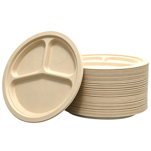 <b>Disposable</b> 9 Inch 3 Compartment Sugarcane Bagasse Round <b>Plate</b> Compostable Biodegradable Dinner <b>Plates</b> for Camping - Product Image 2