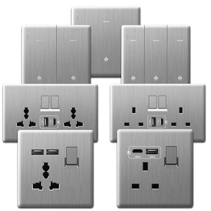 Interruptores de pared modernos de acero inoxidable con puertos USB C y USB A, 230V 16A, panel de enchufe de 2 tomas. - Product Image 1
