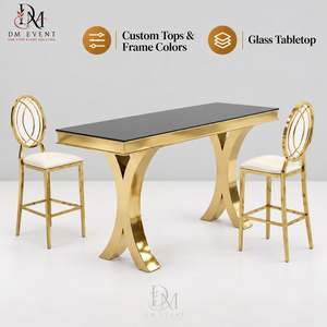 Rectangular Cocktail <b>Table</b> for Banquet Halls with Gold <b>Stainless</b> <b>Steel</b> Crossed Pedestal Base and Mirrored Tempered Glass Top - Product Image 1