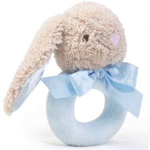 Hochet en peluche pour bébé, lapin <span class=keywords><strong>beige</strong></span> doux avec anneau bleu, poignée douce et anneau de préhension avec nœud bleu - Product Image 2