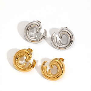 Wave-Shaped Stainless Steel Stud Earrings For Women Geometric C Shape Gold <b>Silver</b> Tone Fashion Jewelry - Product Image 3