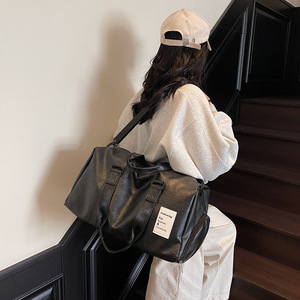 Black PU Waterproof Travel Duffel <b>Bag</b>, Large Capacity <b>Weekender</b> Gym Overnight Tote <b>Bag</b> <b>with</b> <b>Shoe</b> <b>Compartment</b> - Product Image 2