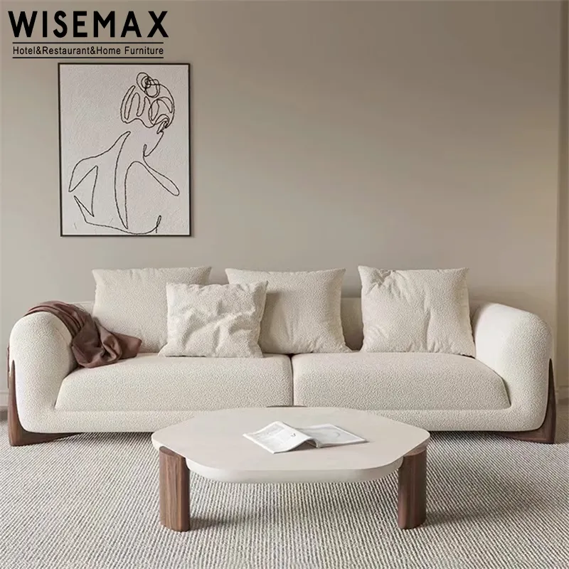 WISEMAX set perabotan sofa Nordik, kursi sofa ruang tamu furnitur dasar kayu, kain teddy lembut nyaman