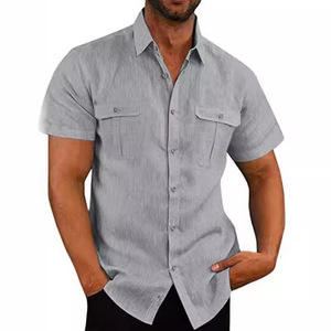 Camicia da <span class=keywords><strong>uomo</strong></span> Casual in <span class=keywords><strong>lino</strong></span> estivo tinta unita colletto transfrontaliero <span class=keywords><strong>abito</strong></span> in maglia per la primavera/estate personalizzabile all'ingrosso per la <span class=keywords><strong>spiaggia</strong></span> - Product Image 3