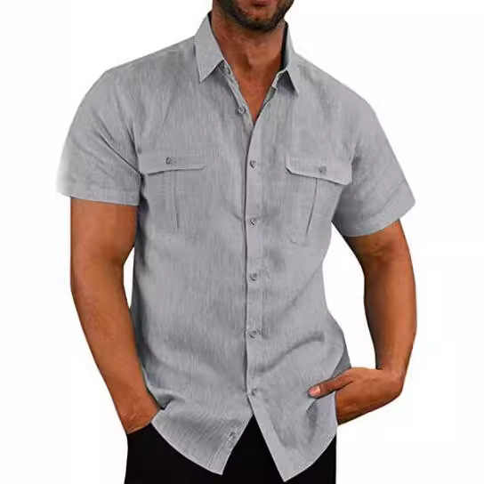 Men's Casual Linen Summer Shirt Solid Color Cross Border Collar Knitted Dress for Spring/Summer Customizable Wholesale for Beach