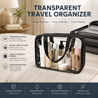 Pochette de maquillage transparente en PU PVC avec bordure noire, étanche, trousse de toilette de voyage, pochette de rangement cosmétique portable avec fermeture éclair