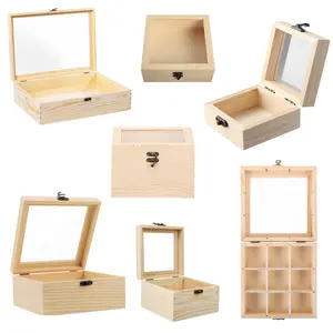 Boîtes de rangement en bois en gros personnalisées avec couvercles en verre, divers styles et tailles de boîtes de rangement en bois