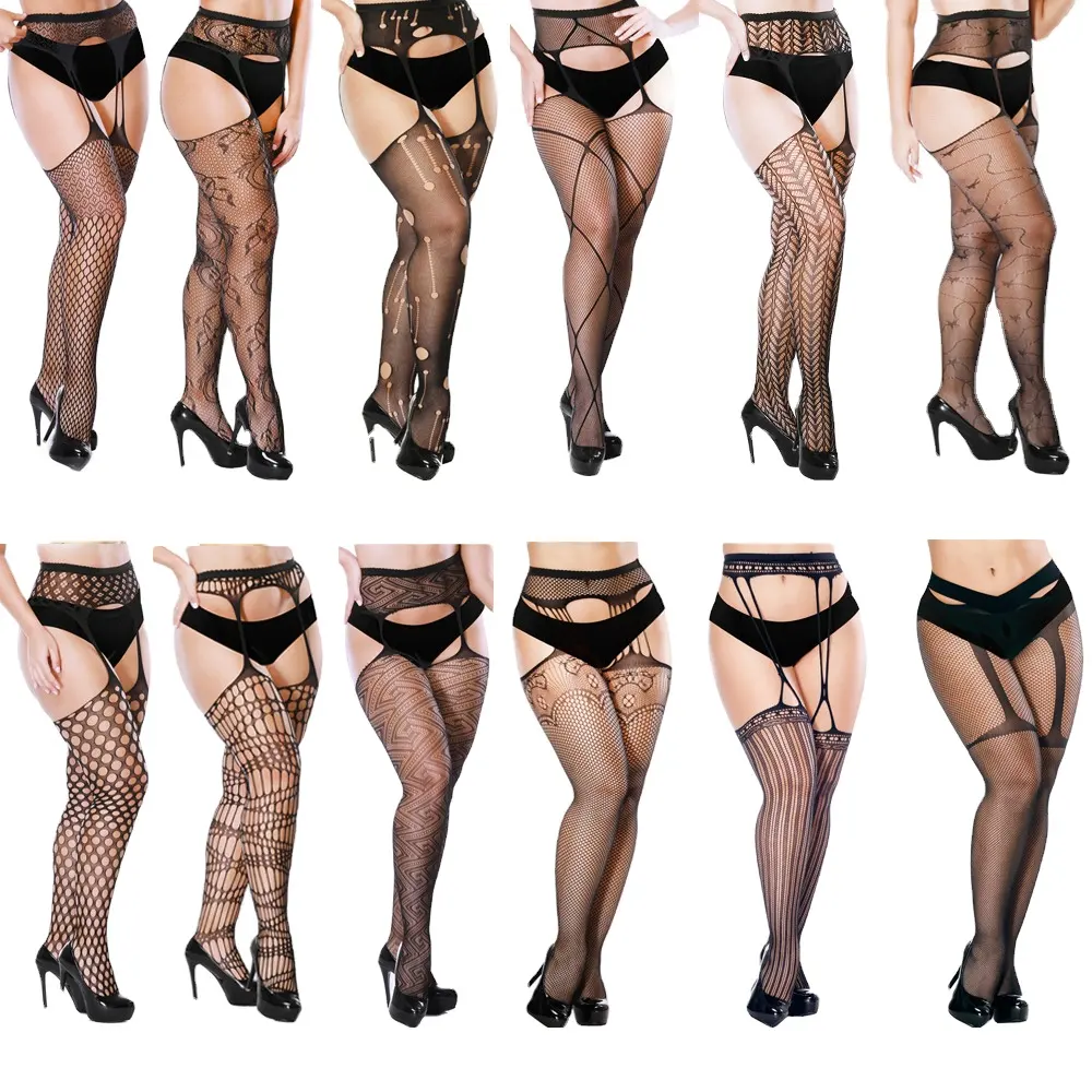 2023 Suspender Pantyhose attached Stockings Fishnet Lace Thigh High Garter Belt Stockings Women's Exotic Lingerie woman