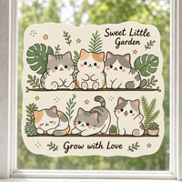Autocollants personnalisés imperméables en PVC vinyle décoratifs, autocollants électrostatiques pour fenêtre, imprimés UV, motif chat kawaii et plante, pour verre et mur