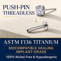 JiaXin ASTM-F136 G23 Titanio Push Pin Sin Rosca para Labret, Medusa, Forward Helix, Lobe, Flor, Circonita Cúbica, Joyería Corporal 16G