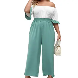 Wholesale Summer White And Green Color Block Women Clothing Off Shoulder Flounce Sleeve Women One Piece Jumpsuits And Romper