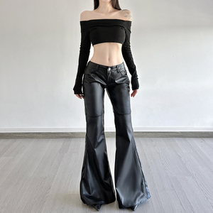 กางเกงหนัง PU ทรงขาบาน เอวต่ำ ทรงเข้ารูป สไตล์มินิมอล Y2K แฟชั่นลำลองแนวสตรีท กางเกงขากระดิ่ง - Product Image 5