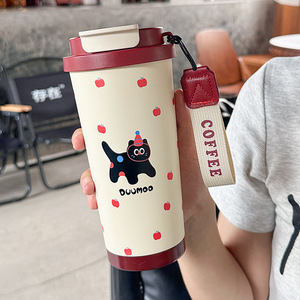Duumoo Stainless Steel Tumbler 500Ml Insulated Coffee Mug With Cat And Apple Design For Travel And Daily Use - Product Image 1