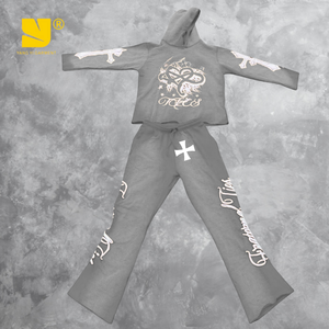 오버사이즈 프린트 애시드 워시 스웨트 수트 양털 운동복 세트 남성용 빈티지 플레어 스웨트 팬츠와 후드 세트 - Product Image 1