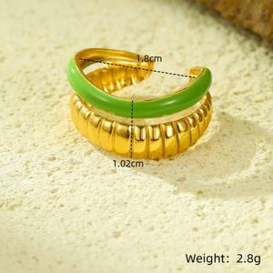 2025 vert huile dégoulinant Double couche creux anneau ouvert pour les femmes Texture 18k plaqué or acier inoxydable émail anneau - Product Image 6