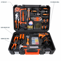 Kit d'outils ménagers 47 pièces avec perceuse sans fil, ensemble d'outils de réparation, tournevis, pinces, marteau, clé à molette, mallette rigide, bricolage, maison, OEM personnalisé
