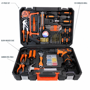 Kit d'outils ménagers 47 pièces avec perceuse sans fil, ensemble d'outils de réparation, tournevis, pinces, marteau, clé à molette, mallette rigide, bricolage, maison, OEM personnalisé - Product Image 3