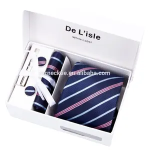 Hamocigia özel el yapımı erkek 100% Polyester jakar dokuma çizgili Hanky kol düğmesi hediye kravat seti