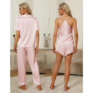 SAPJON <b>Silk</b> Pajamas <b>Set</b> 4Pcs Women Satin Sleepwear Button Down Short Sleeve <b>Cami</b> Shorts Ruffled Elegant Nightwear - Product Image 4