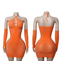 Robe moulante mini sexy pour femme à col licou en résille avec manches longues amovibles et design ajouré pour soirées et clubs