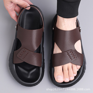Genuine Leather Slides Open Toe Rubber Outsole Breathable Casual <b>Sandals</b> For Men Women Summer Outdoor Wear - Product Image 3