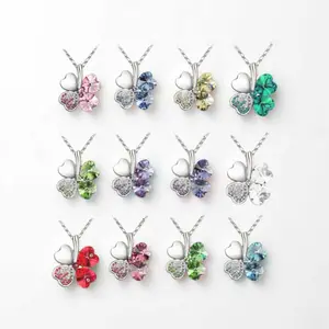 New Design Accessories Jewelry Fashion Multiple Colors Lucky Crystal Four Leaf Clover Heart Pendant Necklaces For Women
