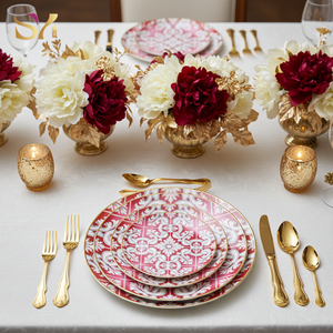 Platos de Porcelana China con Diseño Floral Rojo <span class=keywords><strong>y</strong></span> Blanco, Borde Dorado, <span class=keywords><strong>Vajilla</strong></span> Premium Personalizada para Bodas, Eventos <span class=keywords><strong>y</strong></span> Restaurantes - Product Image 1