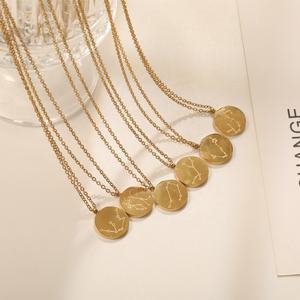 Collar de Acero Inoxidable con Grabado Redondo Personalizado de Moda, Colgante de los Doce Signos del Zodiaco para Mujer, Chapado en Oro de 18k, para Regalo - Product Image 1