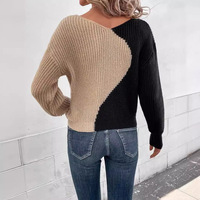 Pull en tricot pour femme, style décontracté et ample, à blocs de couleurs, manches longues, col en V, style unique (personnalisable)