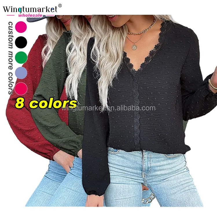 Casual women tops designs blouses elegant ladies office long sleeve lace embroider black V neck shirt plus sizes top blouse