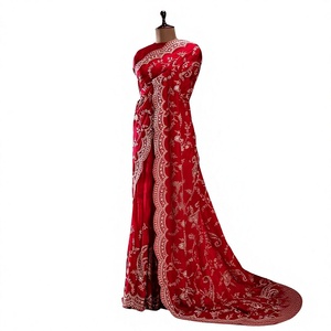 Indian Pakistani Ethnic Glooming Vichitra Fabric With Thread Sequence Work <b>Red</b> <b>Saree</b> Elegant Festive Wear Bridal Wedding Outfit - Product Image 1