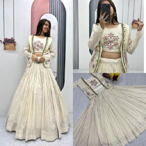 Hot Selling Elegant Ethnic Crop Top Lehenga Choli <b>Set</b> Pure Tissue Simmer Fabric with Jacket Real Handwork Diamond Embroidery - Product Image 4